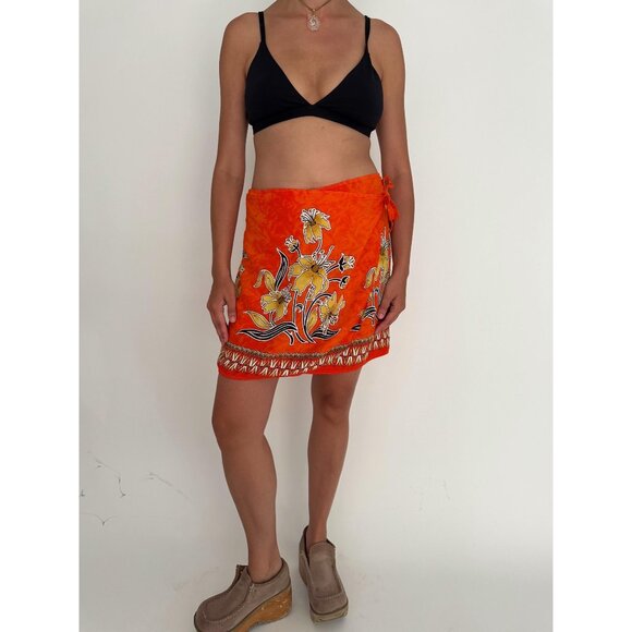90s vintage orange hawaiian floral print mini wrap skirt beach cover up one size - Picture 1 of 7